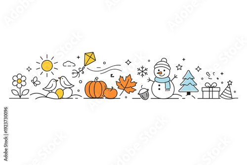 Seasonal Symbolic Transition. Seasonal celebration symbols. Abstract festive scene with icons subtly transitioning from one season to another. Visual metaphor