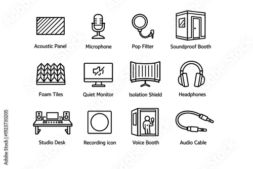Home Recording Setup. Line icon set of Home Recording Setup: acoustic panel, microphone, pop filter, soundproof booth, foam tiles, quiet