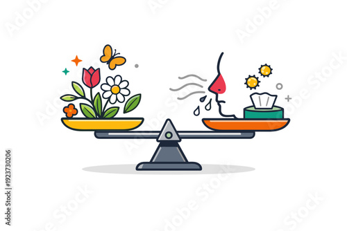 Spring allergy concept abstract balance between blooming nature and human sensitivity shown through simple icons and motion cues, capturing