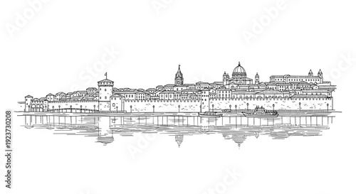 Historic city waterfront skyline in linear style with reflections and classic architecture