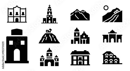 Minimalist mexican architecture and landscapes icons set