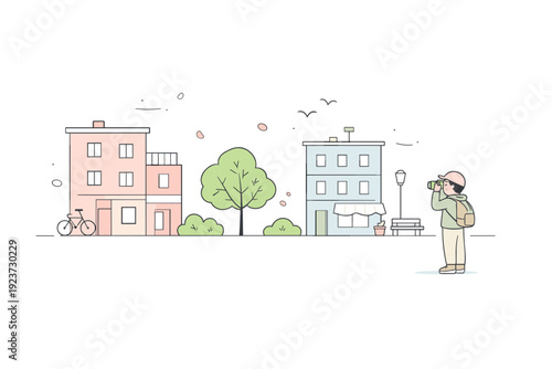 Minimal urban spring photography scene. A wide composition with pastel buildings, light greenery, and a small figure holding a camera. Space,