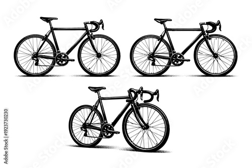 Bicycle minimal object classic road bike side profile with thin frame, drop handlebars, and narrow tires shown from left, right, and slight