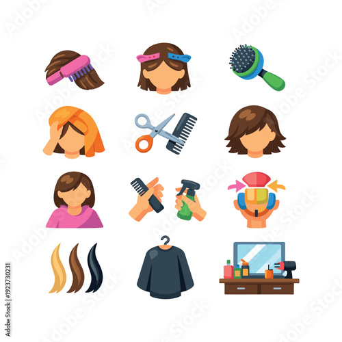 Hair preparation. Colorful flat vector icons set of Hair preparation: combing, clip