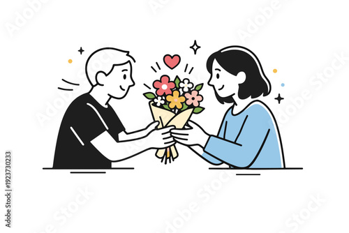 Flowers for mom. A person gently handing a bouquet of flowers, simple expressive shapes showing affection and gratitude. Warm family moment captured in a calm
