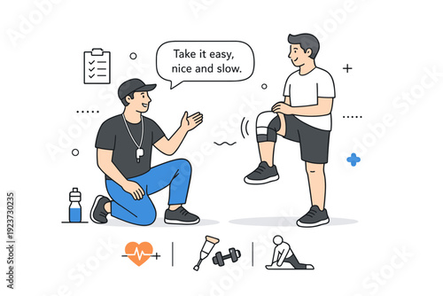 Guided return-to-training session. Coach demonstrating gentle movements to athlete, supportive communication and careful observation, safe