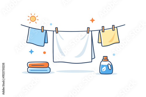 Air drying bed linens fresh household routine with clean sheets gently hanging on a simple clothesline, conveying natural freshness, calm