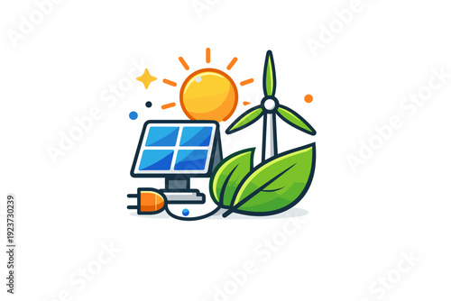 Green energy renewable power sources combined with clean nature elements like leaves and sun, expressing sustainability, responsibility and