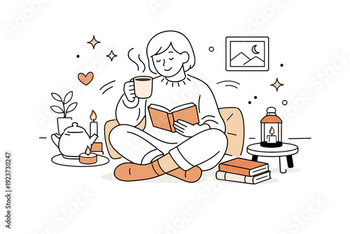 Hygge home moment. A person enjoying a quiet evening with a cup of tea, a book, and candles in a simple, warm interior. Calm, intimate mood