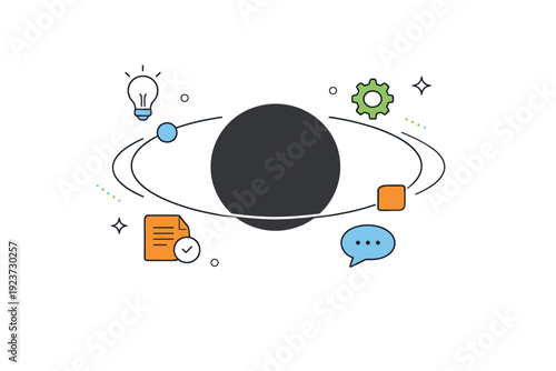 Conceptual diagram backgrounds. Minimal abstract scene with central focus element and supporting shapes orbiting around, visual metaphor for