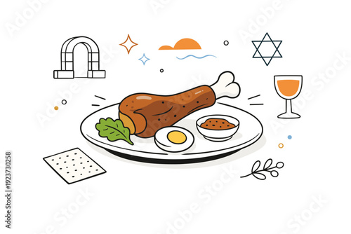 Passover symbolic foods close-up. A simple editorial scene highlighting a roasted shank bone on a plate, minimal props, quiet historical