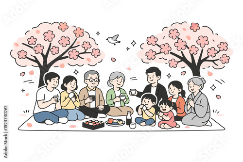 Blossom-viewing tradition. Multial group relaxing under sakura trees, enjoying the season together. Cultural warmth and continuity