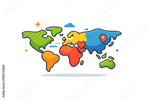Continents represented as a simplified world map with softly rounded landmasses and subtle connecting elements, expressing global unity,