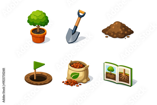 Tree planting. Isometric flat vector icons set of tree planting: potted tree, digging spade, soil mound, planting hole marker, mulch sack,