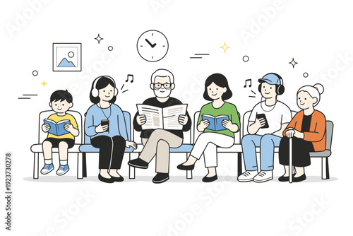 Age diversity casual scenes. People of different ages sitting in a shared waiting area, some reading, some listening to music. A quiet,