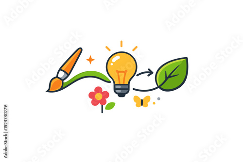Spring creative process represented by connected icons like a brush, light bulb, and leaf arranged in a harmonious flow. The illustration