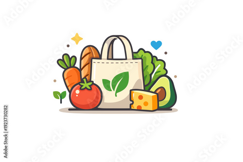 Conscious Produce Shopping. Organic food shopping fresh produce grouped with a small reusable bag icon, symbolizing conscious consumption and sustainable