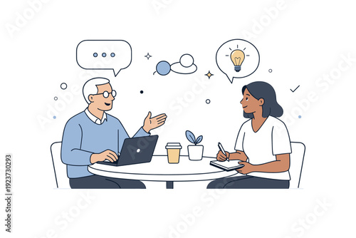 Professional interaction illustration. Calm and friendly networking, mentoring, or discussion scenarios in workplace settings. Minimal scene