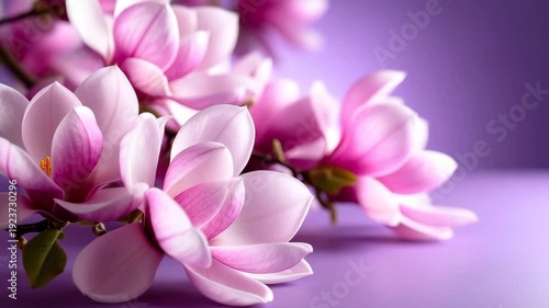 Delicate pink magnolia blossoms unfurl against a soft, gradient purple background, symbolizing spring renewal and beauty.