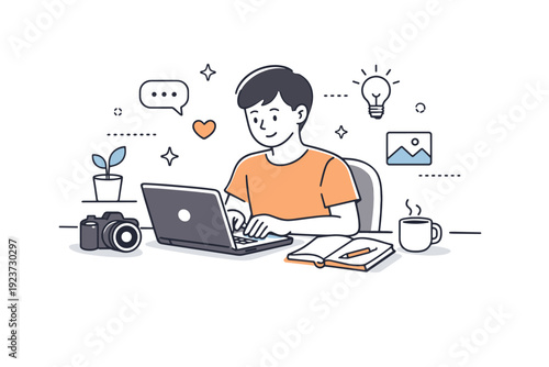 Bloggers working at home. A blogger types on a laptop at a cozy desk with a camera and notebook nearby. Calm focused creation and everyday