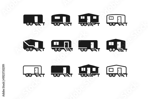 Temporary site office trailer. Icon set. Set Logo of Temporary site office trailer: construction trailer with stairs. harmonious logo