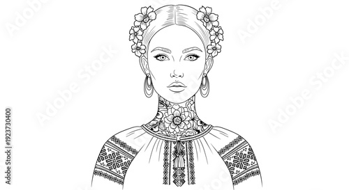 Elegant linear portrait of a woman with floral hair accessories and patterned attire