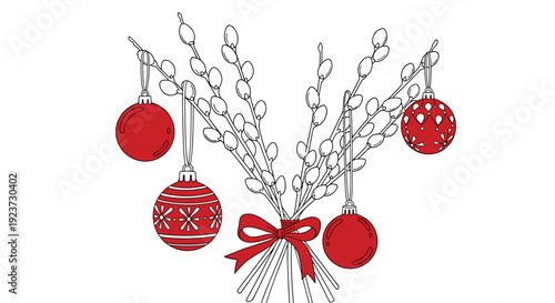 Festive red and white christmas ornament and pussy willow arrangement