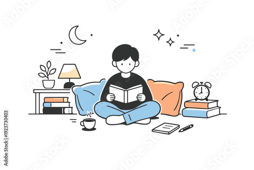 Reading rooms stillness. Small reading nook with pillows, books, and dim evening light. Intimate calm and restful reading energy. Minimalist