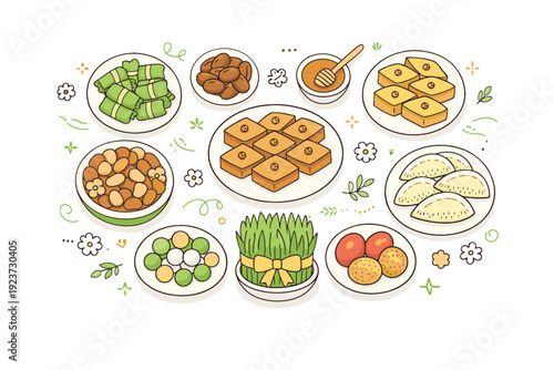 Nowruz dessert table top view. A gentle overhead scene of sweets, nuts, and pastries arranged for guests. Hospitality, warmth, and seasonal joy. Minimalist