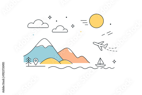 Travel editorial backdrop. Minimal abstract shapes suggesting mountains, clouds, and sun, creating a calm scenic environment for editorial