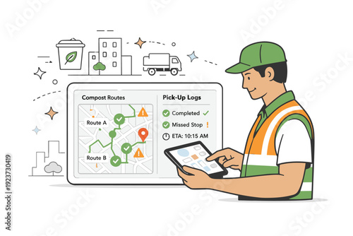 Data dashboard for compost routes. A worker reviewing real-time compost collection status on a tablet showing city maps and pick-up logs,