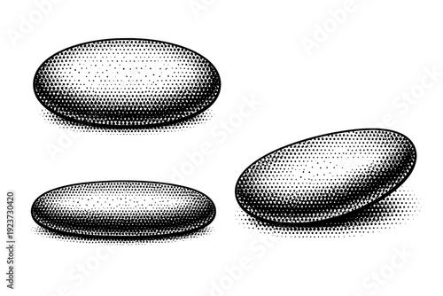 Spa wellness massage stone smooth oval shape shown as a single object in top view, side view, and three-quarter angled view. Black and white dot style with