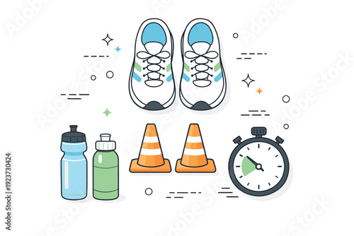 Interval training prep composition. Shoes, cones, water bottles, and stopwatch icons arranged neatly in top-view layout, suggesting organization and planning