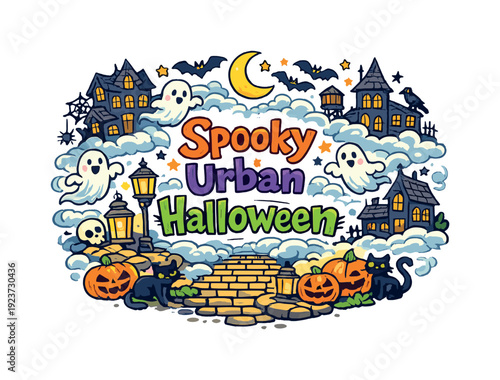Spooky Urban Halloween. Hand-drawn doodle illustration of Spooky Urban Halloween. haunted
