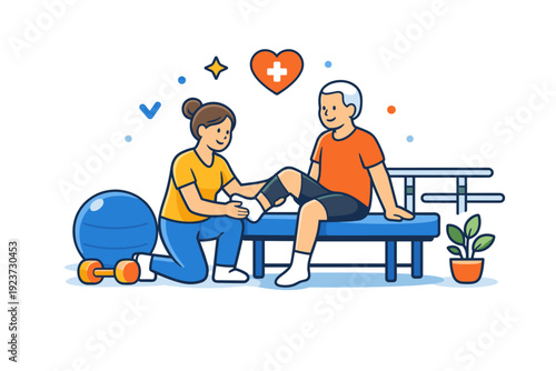 Rehabilitation therapy supportive therapy environment with physiotherapy tools and gentle assistance, expressing health restoration, care, and confidence