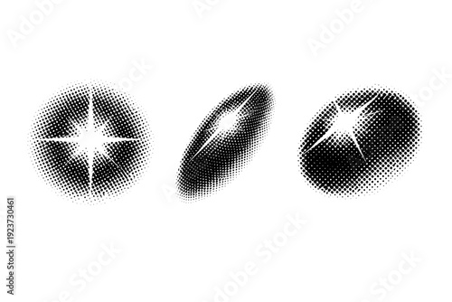 Halftone shine highlight dot form. A single shine highlight dot form shown in three views: front view, side view, and three-quarter view,