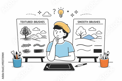 Procreate brushes concept. Artist comparing two canvases with different brush results side by side. Thoughtful evaluation and refinement of tools. Minimalist