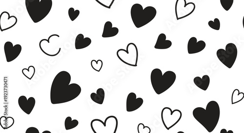 A collection of various black and white hand drawn hearts on a plain white background for decoration or design