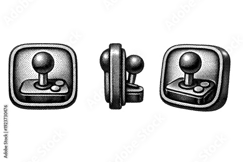 Gaming badge with arcade joystick symbol enclosed in a rounded frame shown from front view, side view, and three-quarter view as a single
