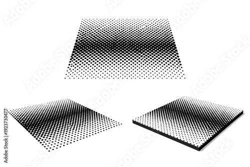 Tileable halftone dot background pattern shown as a single object presented in three views: flat top view, angled view, and three-quarter