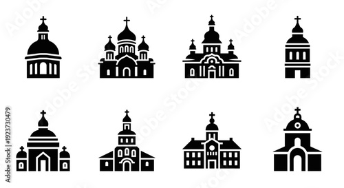 Set of black silhouette orthodox churches with iconic architectural elements