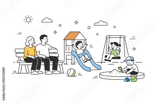 Quiet break at the playground. Parents seated on a bench while children play nearby within view. Relaxed posture and soft attention convey