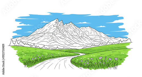 Scenic mountain landscape with green fields and blue sky in hand drawn style