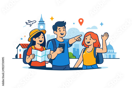Friends exploring new cities celebrating shared adventures and curiosity while discovering unfamiliar streets together. A lively scene with a
