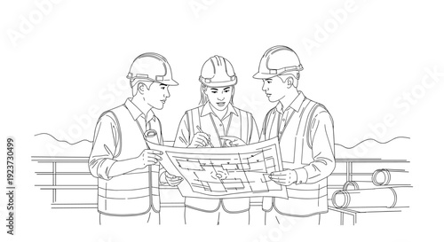 Construction team reviewing blueprints in linear outline style on site
