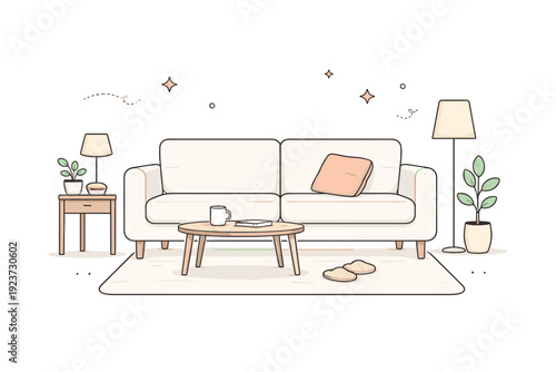 Ambient loneliness interiors. A minimal living room with a sofa and a single cushion slightly out of place. Subtle visual metaphor for quiet