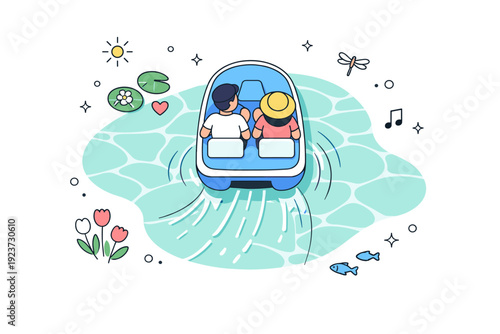 Springtime paddle boating. A top-view scene of a paddle boat moving across a lake, clear water patterns and smooth motion lines, peaceful