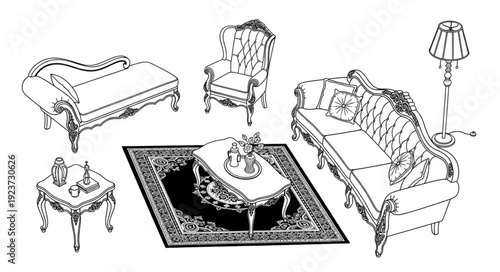 Elegant living room furniture arrangement featuring a sofa, armchair, and coffee table.