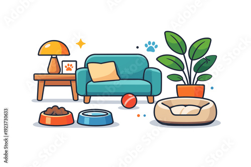 Pet-friendly living highlighting modern interior design adapted for animals and people alike. A clean editorial composition with pet bowls, a plant and simple