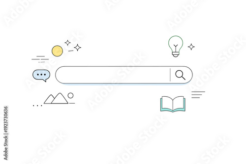 Search without query visuals. Wide minimal composition with digital UI shapes, blank search field in the center and soft light gradients. Moment before thought